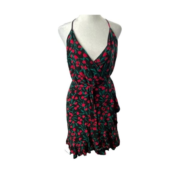 Lovers + Friends Dresses & Skirts - LOVERS + FRIENDS Women Rose Print Gigi‎ Wrap Mini Dress Sz L Black Red 62-9